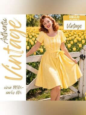 1950s True Vintage Murray Millman Yellow Cotton & Lace Swing Dress, Small, EUC!